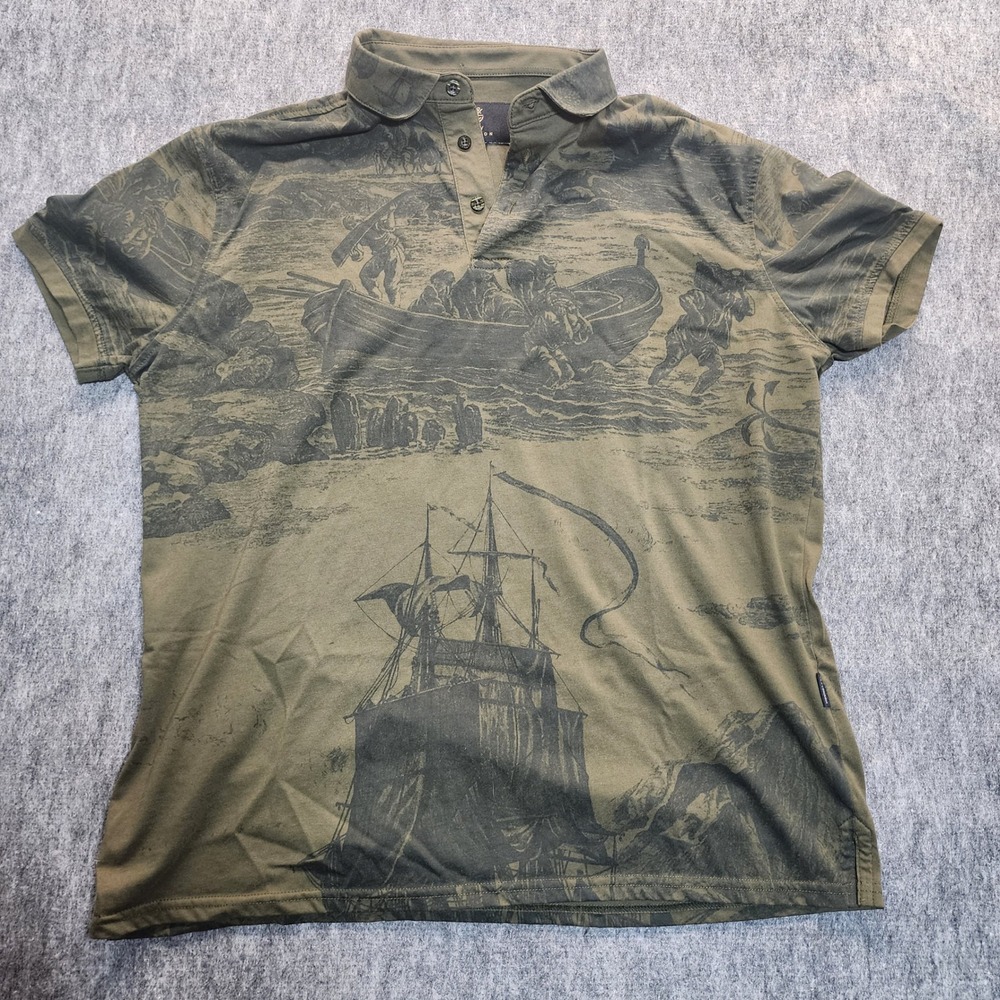LCY London Mens Large Olive Green Nautical Tall Ship Graphic Print Polo Shirt